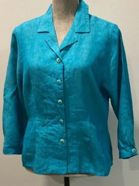 Flax Linen Long Sleeve Jacket Blue top - Picture 1 of 13